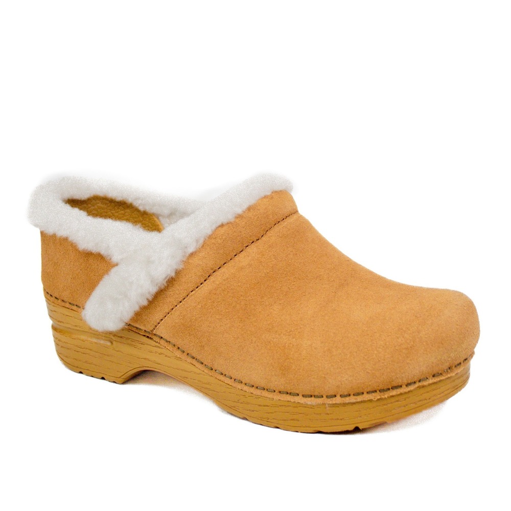 Dansko Professional Cozy Suede Cognac Shearling Lined Clogs Woman's Size 8.5